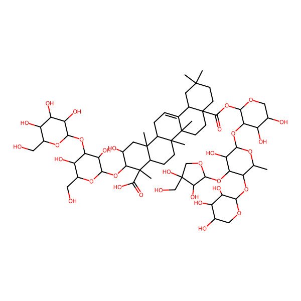 2D Structure of 8a-[3-[4-[3,4-Dihydroxy-4-(hydroxymethyl)oxolan-2-yl]oxy-3-hydroxy-6-methyl-5-(3,4,5-trihydroxyoxan-2-yl)oxyoxan-2-yl]oxy-4,5-dihydroxyoxan-2-yl]oxycarbonyl-3-[3,5-dihydroxy-6-(hydroxymethyl)-4-[3,4,5-trihydroxy-6-(hydroxymethyl)oxan-2-yl]oxyoxan-2-yl]oxy-2-hydroxy-4,6a,6b,11,11,14b-hexamethyl-1,2,3,4a,5,6,7,8,9,10,12,12a,14,14a-tetradecahydropicene-4-carboxylic acid