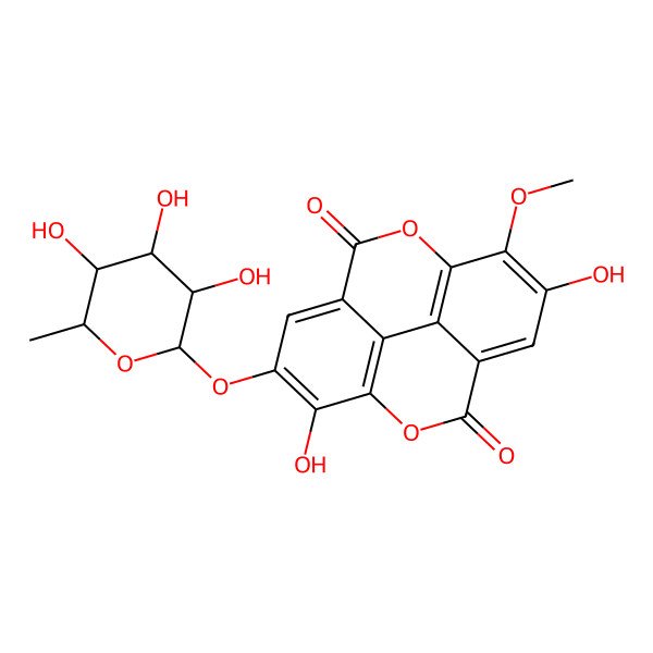 2D Structure of 6,14-Dihydroxy-7-methoxy-13-(3,4,5-trihydroxy-6-methyloxan-2-yl)oxy-2,9-dioxatetracyclo[6.6.2.04,16.011,15]hexadeca-1(15),4,6,8(16),11,13-hexaene-3,10-dione