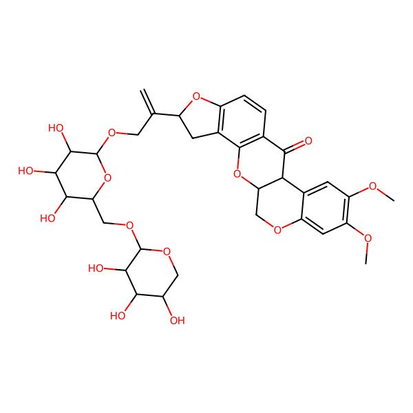 2D Structure of (1R,6S,13R)-16,17-dimethoxy-6-[3-[(2R,3R,4S,5S,6R)-3,4,5-trihydroxy-6-[[(2S,3R,4S,5S)-3,4,5-trihydroxyoxan-2-yl]oxymethyl]oxan-2-yl]oxyprop-1-en-2-yl]-2,7,20-trioxapentacyclo[11.8.0.03,11.04,8.014,19]henicosa-3(11),4(8),9,14,16,18-hexaen-12-one