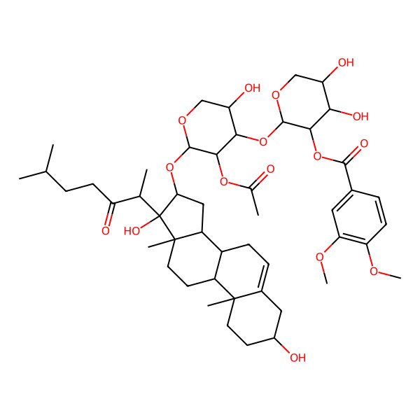 2D Structure of [(2S,3R,4S,5R)-2-[(2S,3R,4S,5S)-3-acetyloxy-2-[[(3S,8R,9S,10R,13S,14S,16S,17S)-3,17-dihydroxy-10,13-dimethyl-17-[(2S)-6-methyl-3-oxoheptan-2-yl]-1,2,3,4,7,8,9,11,12,14,15,16-dodecahydrocyclopenta[a]phenanthren-16-yl]oxy]-5-hydroxyoxan-4-yl]oxy-4,5-dihydroxyoxan-3-yl] 3,4-dimethoxybenzoate