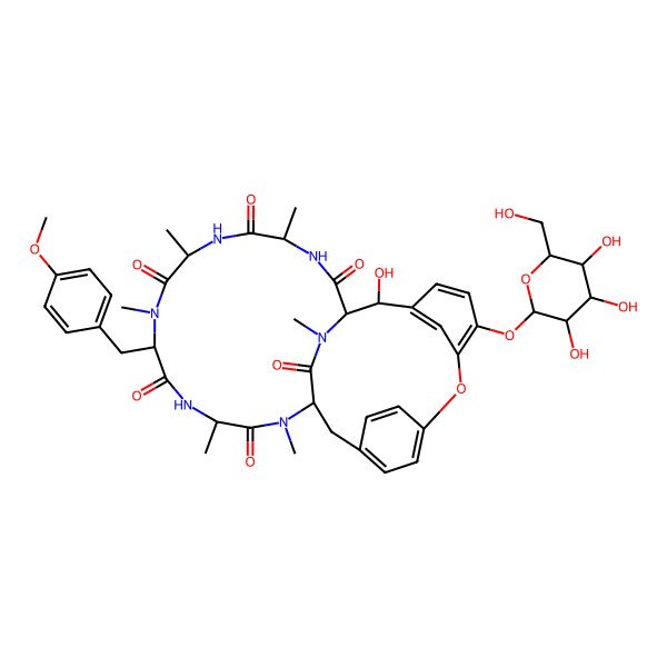 2D Structure of 28-Hydroxy-10-[(4-methoxyphenyl)methyl]-4,7,9,13,15,29-hexamethyl-24-[3,4,5-trihydroxy-6-(hydroxymethyl)oxan-2-yl]oxy-22-oxa-3,6,9,12,15,29-hexazatetracyclo[14.12.2.218,21.123,27]tritriaconta-18,20,23,25,27(31),32-hexaene-2,5,8,11,14,30-hexone