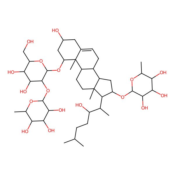 2D Structure of 2-[[1-[4,5-dihydroxy-6-(hydroxymethyl)-3-(3,4,5-trihydroxy-6-methyloxan-2-yl)oxyoxan-2-yl]oxy-3-hydroxy-17-(3-hydroxy-6-methylheptan-2-yl)-10,13-dimethyl-2,3,4,7,8,9,11,12,14,15,16,17-dodecahydro-1H-cyclopenta[a]phenanthren-16-yl]oxy]-6-methyloxane-3,4,5-triol