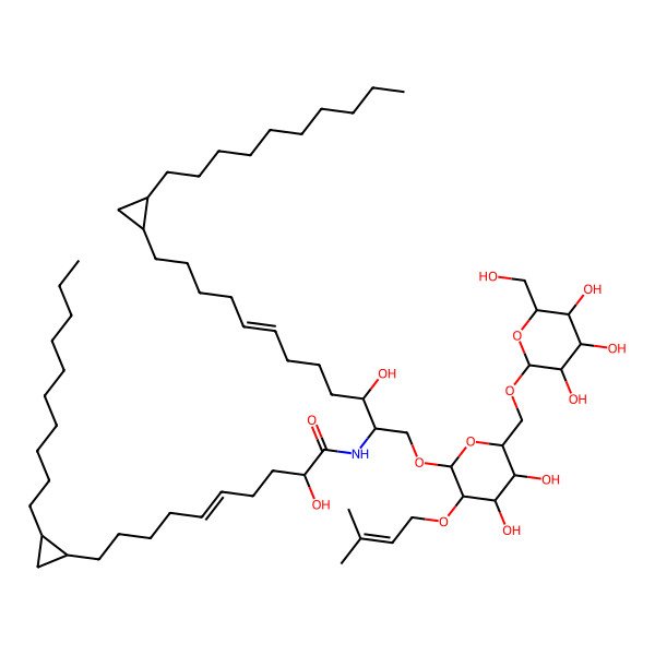 2D Structure of 10-(2-decylcyclopropyl)-N-[12-(2-decylcyclopropyl)-1-[4,5-dihydroxy-3-(3-methylbut-2-enoxy)-6-[[3,4,5-trihydroxy-6-(hydroxymethyl)oxan-2-yl]oxymethyl]oxan-2-yl]oxy-3-hydroxydodec-7-en-2-yl]-2-hydroxydec-5-enamide