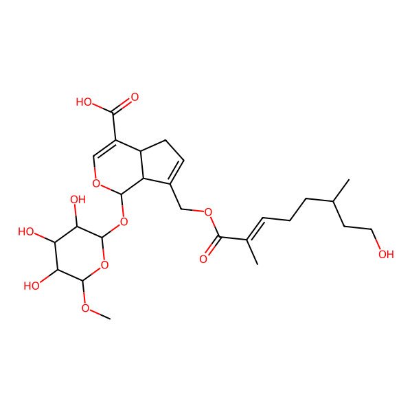 2D Structure of (1R,4aR,7aR)-7-[[(E,6R)-8-hydroxy-2,6-dimethyloct-2-enoyl]oxymethyl]-1-[(2R,3R,4S,5S,6S)-3,4,5-trihydroxy-6-methoxyoxan-2-yl]oxy-1,4a,5,7a-tetrahydrocyclopenta[c]pyran-4-carboxylic acid