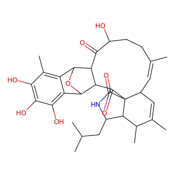 2D Structure of 17,23,24,25-Tetrahydroxy-9,10,14,22-tetramethyl-7-(2-methylpropyl)-27-oxa-6-azahexacyclo[18.6.1.02,19.04,8.04,12.021,26]heptacosa-10,13,21,23,25-pentaene-3,5,18-trione