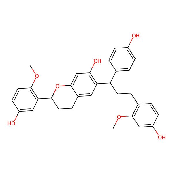 2D Structure of (2S)-2-(5-hydroxy-2-methoxyphenyl)-6-[(1R)-3-(4-hydroxy-2-methoxyphenyl)-1-(4-hydroxyphenyl)propyl]-3,4-dihydro-2H-chromen-7-ol