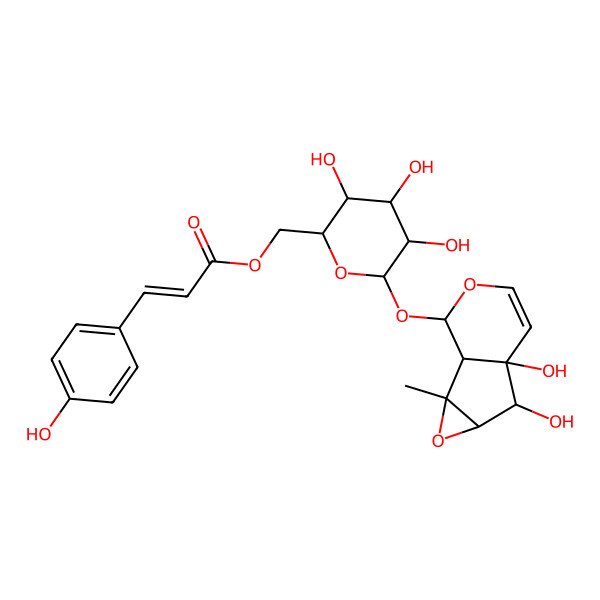 2D Structure of [(2R,3S,4R,5S,6S)-6-[[(1S,2R,4S,5S,6R,10S)-5,6-dihydroxy-2-methyl-3,9-dioxatricyclo[4.4.0.02,4]dec-7-en-10-yl]oxy]-3,4,5-trihydroxyoxan-2-yl]methyl (E)-3-(4-hydroxyphenyl)prop-2-enoate