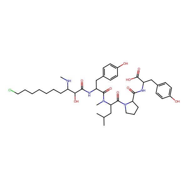 2D Structure of 2-[[(2S)-1-[(2S)-2-[[(2S)-2-[[(2R,3R)-10-chloro-2-hydroxy-3-(methylamino)decanoyl]amino]-3-(4-hydroxyphenyl)propanoyl]-methylamino]-4-methylpentanoyl]pyrrolidine-2-carbonyl]amino]-3-(4-hydroxyphenyl)propanoic acid