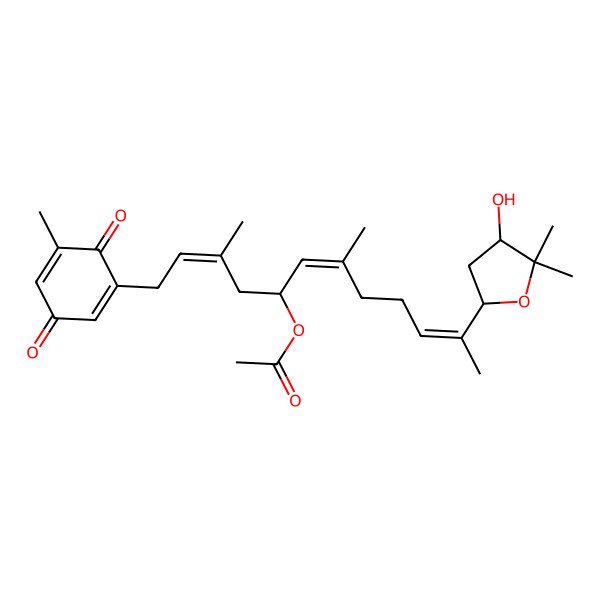 2D Structure of [11-(4-Hydroxy-5,5-dimethyloxolan-2-yl)-3,7-dimethyl-1-(5-methyl-3,6-dioxocyclohexa-1,4-dien-1-yl)dodeca-2,6,10-trien-5-yl] acetate