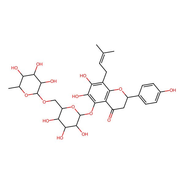 2D Structure of 6,7-Dihydroxy-2-(4-hydroxyphenyl)-8-(3-methylbut-2-enyl)-5-[3,4,5-trihydroxy-6-[(3,4,5-trihydroxy-6-methyloxan-2-yl)oxymethyl]oxan-2-yl]oxy-2,3-dihydrochromen-4-one