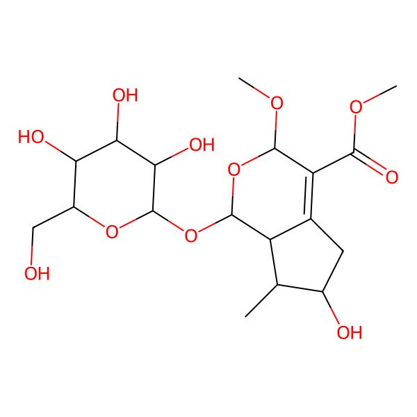 2D Structure of methyl (1S,3R,6S,7S,7aR)-6-hydroxy-3-methoxy-7-methyl-1-[(2S,3R,4S,5S,6R)-3,4,5-trihydroxy-6-(hydroxymethyl)oxan-2-yl]oxy-1,3,5,6,7,7a-hexahydrocyclopenta[c]pyran-4-carboxylate
