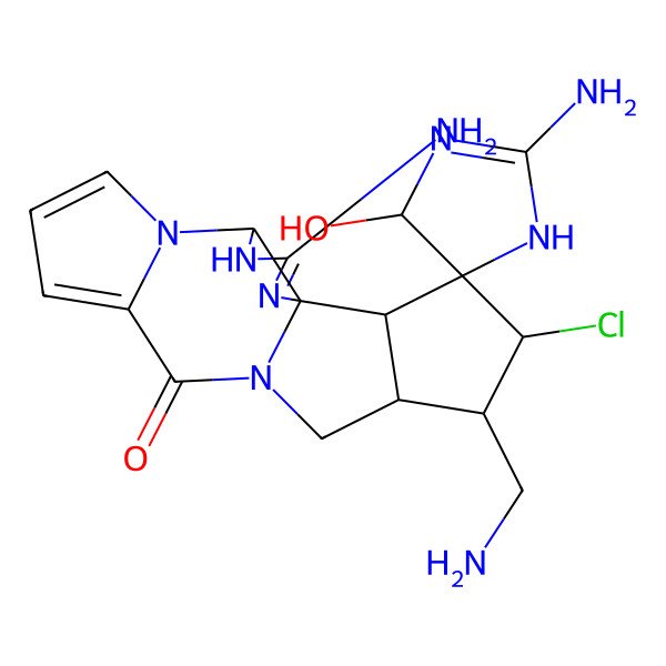 2D Structure of (1'R,4R,5R,5'S,14'R,15'S,16'R,18'S)-2,3'-diamino-15'-(aminomethyl)-16'-chloro-4-hydroxyspiro[1,4-dihydroimidazole-5,17'-2,4,6,12-tetrazapentacyclo[10.6.0.01,5.06,10.014,18]octadeca-2,7,9-triene]-11'-one