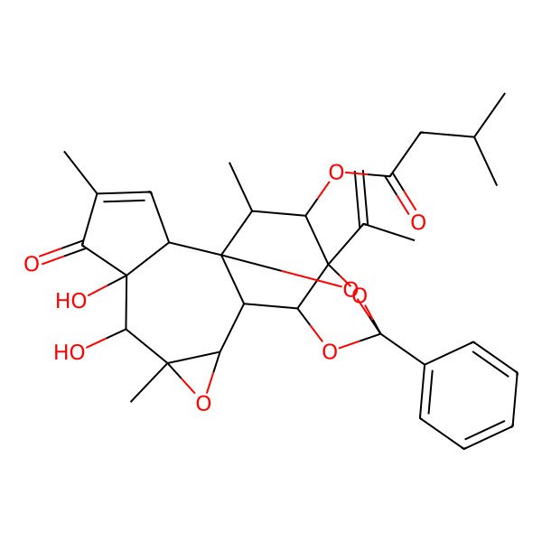 2D Structure of (6,7-Dihydroxy-4,8,18-trimethyl-5-oxo-14-phenyl-16-prop-1-en-2-yl-9,13,15,19-tetraoxahexacyclo[12.4.1.01,11.02,6.08,10.012,16]nonadec-3-en-17-yl) 3-methylbutanoate