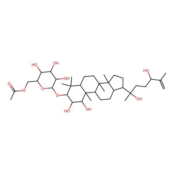 2D Structure of [(2R,3S,4S,5R,6R)-6-[[(1S,2R,3R,5S,8R,9S,10R,13R,14R,17S)-17-[(2R)-2,5-dihydroxy-6-methylhept-6-en-2-yl]-1,2-dihydroxy-4,4,8,10,14-pentamethyl-2,3,5,6,7,9,11,12,13,15,16,17-dodecahydro-1H-cyclopenta[a]phenanthren-3-yl]oxy]-3,4,5-trihydroxyoxan-2-yl]methyl acetate