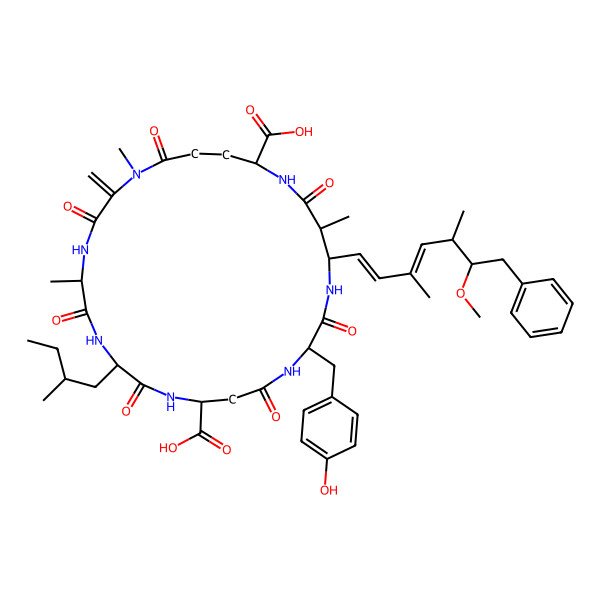 2D Structure of (5R,8S,11R,15S,18S,19S,22R)-15-[(4-hydroxyphenyl)methyl]-18-[(1E,3E,5S,6S)-6-methoxy-3,5-dimethyl-7-phenylhepta-1,3-dienyl]-1,5,19-trimethyl-8-(2-methylbutyl)-2-methylidene-3,6,9,13,16,20,25-heptaoxo-1,4,7,10,14,17,21-heptazacyclopentacosane-11,22-dicarboxylic acid