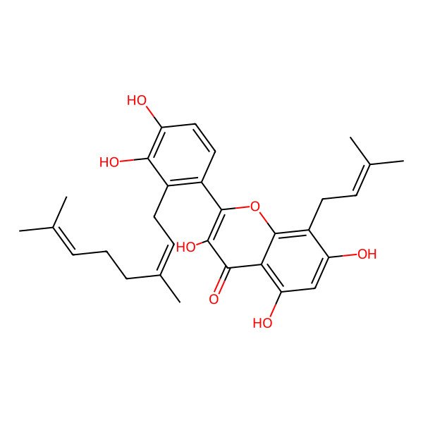 2D Structure of 2-[2-(3,7-Dimethylocta-2,6-dienyl)-3,4-dihydroxyphenyl]-3,5,7-trihydroxy-8-(3-methylbut-2-enyl)chromen-4-one