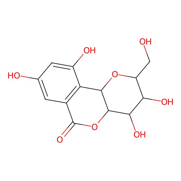 2D Structure of (2R,3R,4S,4aS,10bS)-3,4,8,10-tetrahydroxy-2-(hydroxymethyl)-3,4,4a,10b-tetrahydro-2H-pyrano[3,2-c]isochromen-6-one
