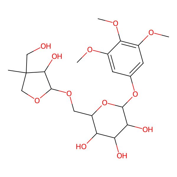 2D Structure of 2-[[3-Hydroxy-4-(hydroxymethyl)-4-methyloxolan-2-yl]oxymethyl]-6-(3,4,5-trimethoxyphenoxy)oxane-3,4,5-triol