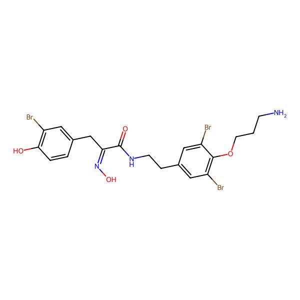 2D Structure of (2E)-N-[2-[4-(3-aminopropoxy)-3,5-dibromophenyl]ethyl]-3-(3-bromo-4-hydroxyphenyl)-2-hydroxyiminopropanamide