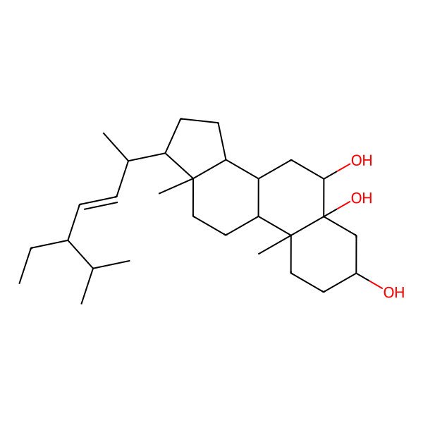 2D Structure of (3S,5R,6R,8S,9S,10R,13R,14S,17R)-17-[(E,2R,5S)-5-ethyl-6-methylhept-3-en-2-yl]-10,13-dimethyl-1,2,3,4,6,7,8,9,11,12,14,15,16,17-tetradecahydrocyclopenta[a]phenanthrene-3,5,6-triol