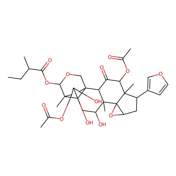 2D Structure of [4,21-Diacetyloxy-6-(furan-3-yl)-12,19,20-trihydroxy-5,11,15-trimethyl-3-oxo-9,17-dioxahexacyclo[13.3.3.01,14.02,11.05,10.08,10]henicosan-16-yl] 2-methylbutanoate