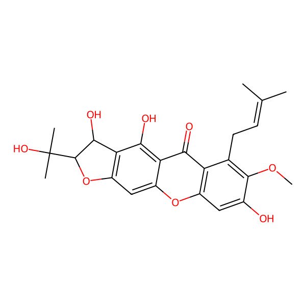 2D Structure of 3,4,8-Trihydroxy-2-(2-hydroxypropan-2-yl)-7-methoxy-6-(3-methylbut-2-enyl)-2,3-dihydrofuro[3,2-b]xanthen-5-one