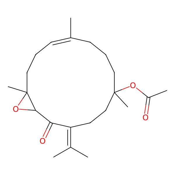 2D Structure of [(1S,6S,14R)-6,10,14-trimethyl-2-oxo-3-propan-2-ylidene-15-oxabicyclo[12.1.0]pentadec-10-en-6-yl] acetate