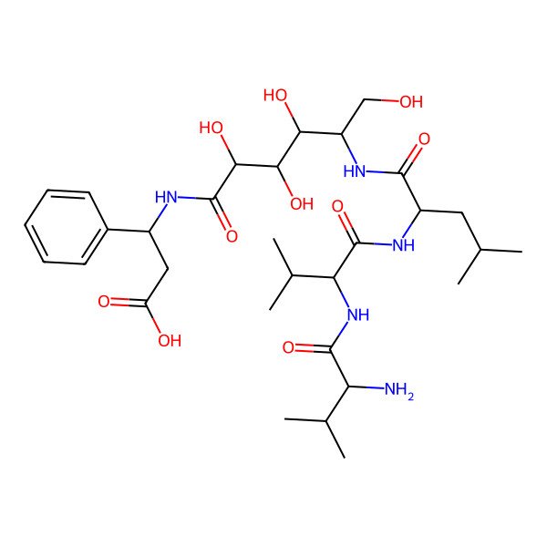 2D Structure of 3-[[5-[[2-[[2-[(2-Amino-3-methylbutanoyl)amino]-3-methylbutanoyl]amino]-4-methylpentanoyl]amino]-2,3,4,6-tetrahydroxyhexanoyl]amino]-3-phenylpropanoic acid