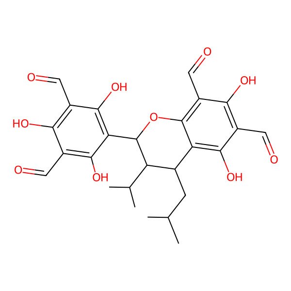 2D Structure of 2-(3,5-diformyl-2,4,6-trihydroxyphenyl)-5,7-dihydroxy-4-(2-methylpropyl)-3-propan-2-yl-3,4-dihydro-2H-chromene-6,8-dicarbaldehyde