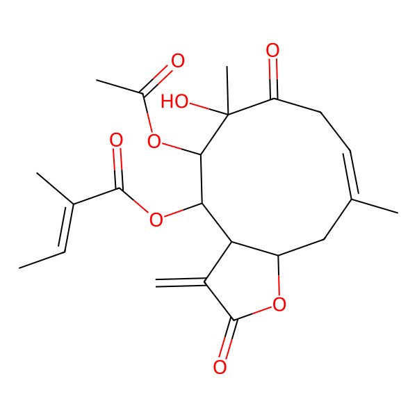 2D Structure of [(3aS,4S,5R,6R,11aR)-5-acetyloxy-6-hydroxy-6,10-dimethyl-3-methylidene-2,7-dioxo-3a,4,5,8,11,11a-hexahydrocyclodeca[b]furan-4-yl] 2-methylbut-2-enoate