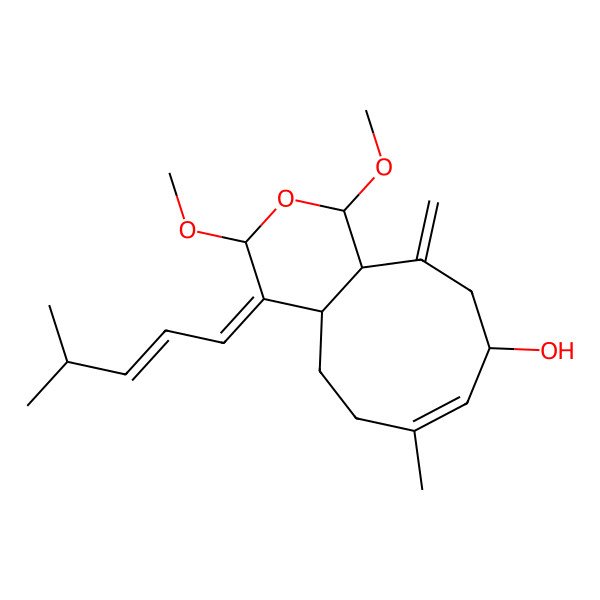 2D Structure of 1,3-dimethoxy-7-methyl-11-methylidene-4-(4-methylpent-2-enylidene)-4a,5,6,9,10,11a-hexahydro-1H-cyclonona[c]pyran-9-ol