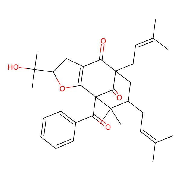 2D Structure of (1S,4R,8R,10S)-1-benzoyl-4-(2-hydroxypropan-2-yl)-11,11-dimethyl-8,10-bis(3-methylbut-2-enyl)-3-oxatricyclo[6.3.1.02,6]dodec-2(6)-ene-7,12-dione