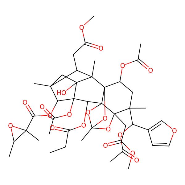 2D Structure of [(1R,2R,5S,9S,13S,14R,18S)-7,16-diacetyloxy-14-[(R)-acetyloxy(furan-3-yl)methyl]-3-hydroxy-13,18-bis(2-methoxy-2-oxoethyl)-2,5,11,14-tetramethyl-8-propanoyloxy-10,12,17-trioxahexacyclo[9.5.1.12,5.01,9.03,7.09,13]octadecan-6-yl] (2S,3R)-2,3-dimethyloxirane-2-carboxylate