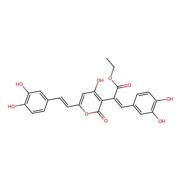 2D Structure of Ethyl 3-(3,4-dihydroxyphenyl)-2-[6-[2-(3,4-dihydroxyphenyl)ethenyl]-4-hydroxy-2-oxopyran-3-yl]prop-2-enoate