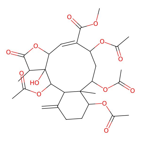 2D Structure of Methyl 2,10,12,14-tetraacetyloxy-3-hydroxy-4,13-dimethyl-17-methylidene-5-oxo-6-oxatricyclo[11.4.0.03,7]heptadec-8-ene-9-carboxylate