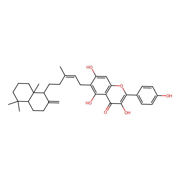 2D Structure of 6-[5-(5,5,8a-trimethyl-2-methylidene-3,4,4a,6,7,8-hexahydro-1H-naphthalen-1-yl)-3-methylpent-2-enyl]-3,5,7-trihydroxy-2-(4-hydroxyphenyl)chromen-4-one
