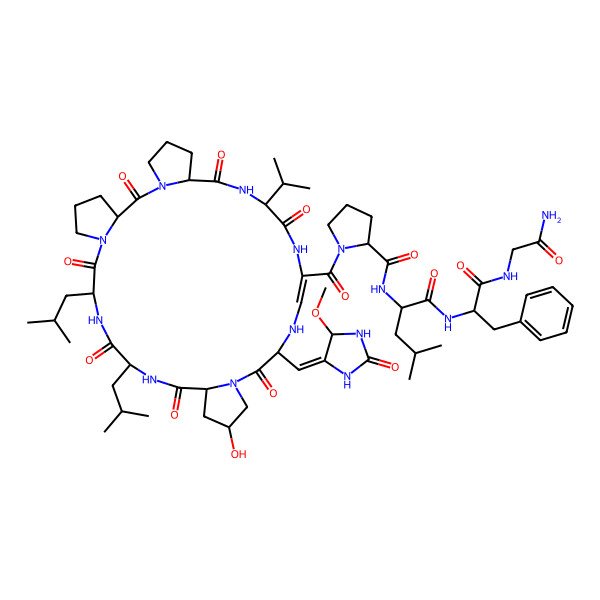 2D Structure of (2S)-N-[(2S)-1-[[(2S)-1-[(2-amino-2-oxoethyl)amino]-1-oxo-3-phenylpropan-2-yl]amino]-4-methyl-1-oxopentan-2-yl]-1-[(3S,9S,12S,15S,17R,21S,23Z,27S,30S)-17-hydroxy-21-[(Z)-(5-methoxy-2-oxoimidazolidin-4-ylidene)methyl]-9,12-bis(2-methylpropyl)-2,8,11,14,20,26,29-heptaoxo-27-propan-2-yl-1,7,10,13,19,22,25,28-octazatetracyclo[28.3.0.03,7.015,19]tritriacont-23-ene-24-carbonyl]pyrrolidine-2-carboxamide