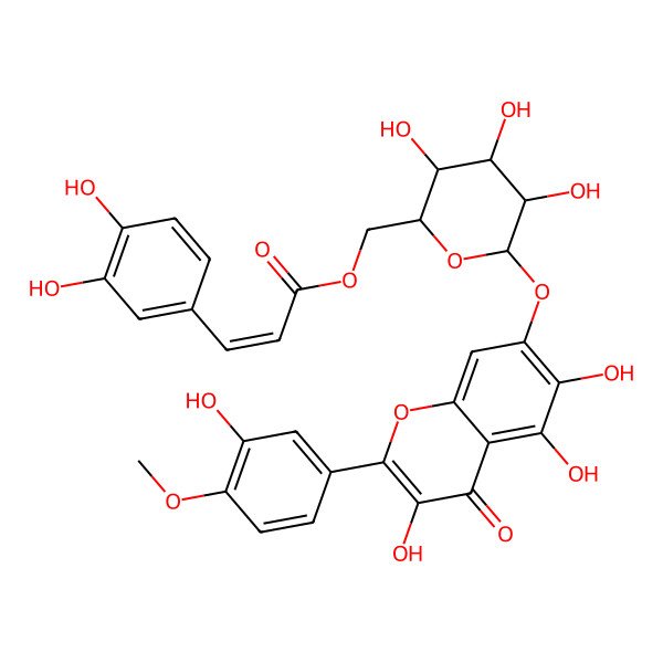 2D Structure of [(2R,3S,4S,5R,6S)-3,4,5-trihydroxy-6-[3,5,6-trihydroxy-2-(3-hydroxy-4-methoxyphenyl)-4-oxochromen-7-yl]oxyoxan-2-yl]methyl (E)-3-(3,4-dihydroxyphenyl)prop-2-enoate