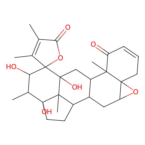2D Structure of 14,16,18-Trihydroxy-3',4',11,17,21-pentamethylspiro[5-oxahexacyclo[12.6.1.02,12.04,6.06,11.018,21]henicos-8-ene-15,5'-furan]-2',10-dione