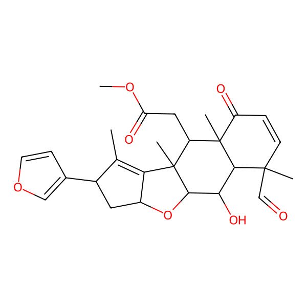 2D Structure of Methyl 2-[4-formyl-13-(furan-3-yl)-2-hydroxy-4,8,10,12-tetramethyl-7-oxo-16-oxatetracyclo[8.6.0.03,8.011,15]hexadeca-5,11-dien-9-yl]acetate