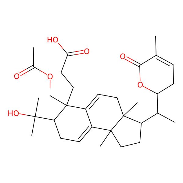 2D Structure of 3-[6-(Acetyloxymethyl)-7-(2-hydroxypropan-2-yl)-3a,9b-dimethyl-3-[1-(5-methyl-6-oxo-2,3-dihydropyran-2-yl)ethyl]-1,2,3,4,7,8-hexahydrocyclopenta[a]naphthalen-6-yl]propanoic acid