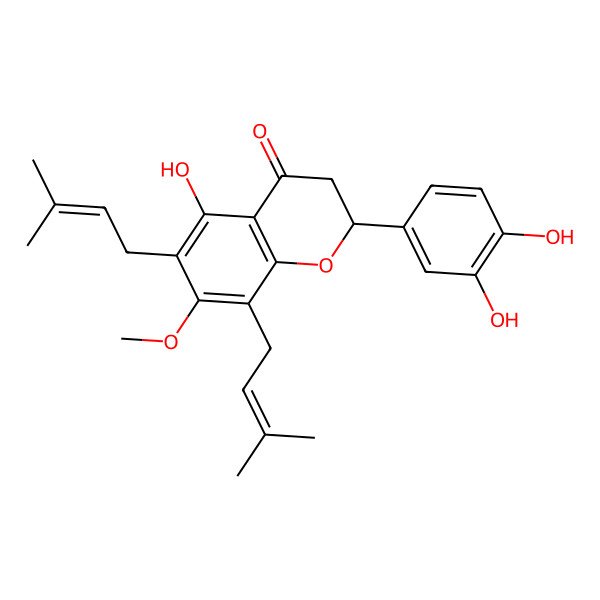 2D Structure of (2S)-2-(3,4-dihydroxyphenyl)-5-hydroxy-7-methoxy-6,8-bis(3-methylbut-2-enyl)-2,3-dihydrochromen-4-one