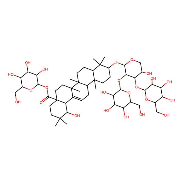 2D Structure of [(2S,3R,4S,5S,6R)-3,4,5-trihydroxy-6-(hydroxymethyl)oxan-2-yl] (1S,4aR,6aR,6aS,6bR,8aR,10S,12aR,14bS)-1-hydroxy-10-[(2S,3R,4S,5S)-5-hydroxy-3,4-bis[[(2S,3R,4S,5S,6R)-3,4,5-trihydroxy-6-(hydroxymethyl)oxan-2-yl]oxy]oxan-2-yl]oxy-2,2,6a,6b,9,9,12a-heptamethyl-1,3,4,5,6,6a,7,8,8a,10,11,12,13,14b-tetradecahydropicene-4a-carboxylate