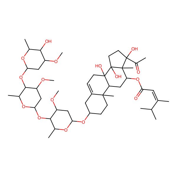 2D Structure of [17-Acetyl-8,14,17-trihydroxy-3-[5-[5-(5-hydroxy-4-methoxy-6-methyloxan-2-yl)oxy-4-methoxy-6-methyloxan-2-yl]oxy-4-methoxy-6-methyloxan-2-yl]oxy-10,13-dimethyl-1,2,3,4,7,9,11,12,15,16-decahydrocyclopenta[a]phenanthren-12-yl] 3,4-dimethylpent-2-enoate