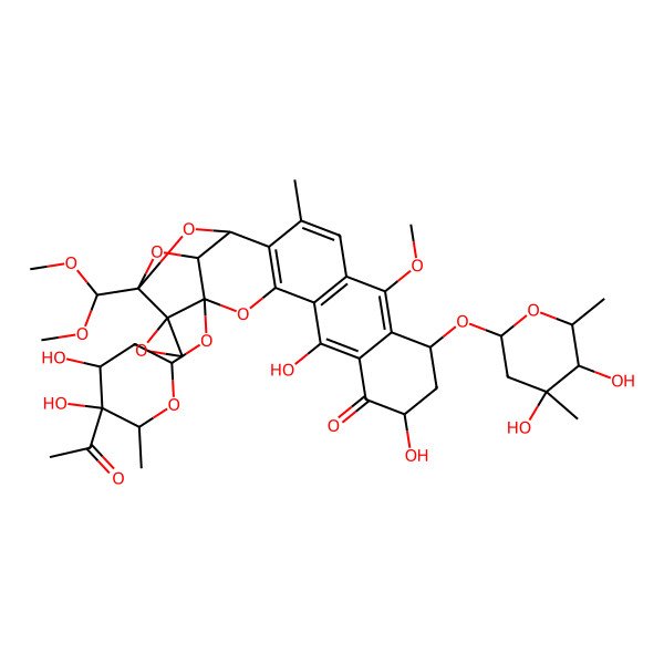 2D Structure of (1S,8S,10S,17S,18S,19R,21S)-17-(5-acetyl-4,5-dihydroxy-6-methyloxan-2-yl)oxy-8-(4,5-dihydroxy-4,6-dimethyloxan-2-yl)oxy-19-(dimethoxymethyl)-10,13-dihydroxy-6-methoxy-3-methylspiro[16,20,22-trioxahexacyclo[17.2.1.02,15.05,14.07,12.017,21]docosa-2(15),3,5(14),6,12-pentaene-18,2'-oxirane]-11-one