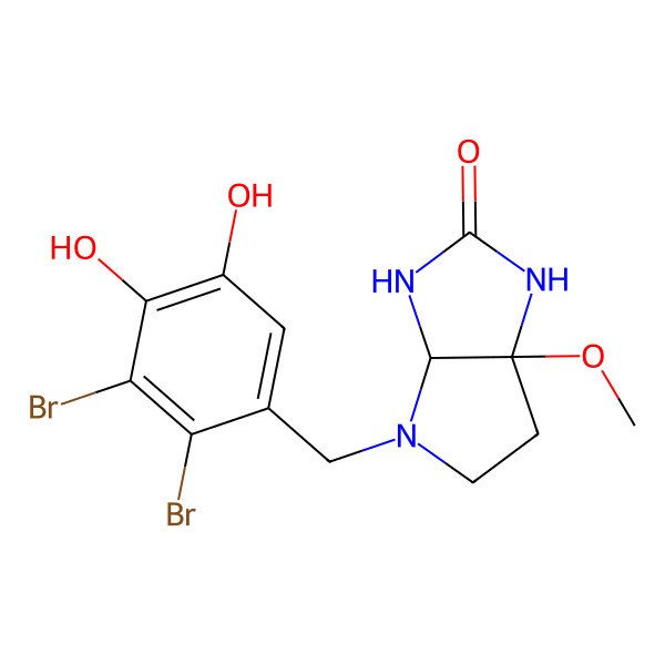 2D Structure of 4-[(2,3-dibromo-4,5-dihydroxyphenyl)methyl]-6a-methoxy-3,3a,5,6-tetrahydro-1H-pyrrolo[2,3-d]imidazol-2-one