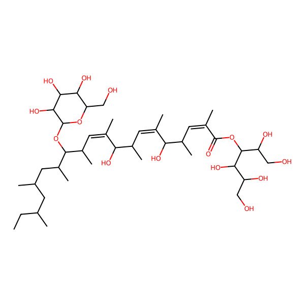 2D Structure of 1,2,4,5,6-Pentahydroxyhexan-3-yl 5,9-dihydroxy-2,4,6,8,10,12,14,16,18-nonamethyl-13-[3,4,5-trihydroxy-6-(hydroxymethyl)oxan-2-yl]oxyicosa-2,6,10-trienoate