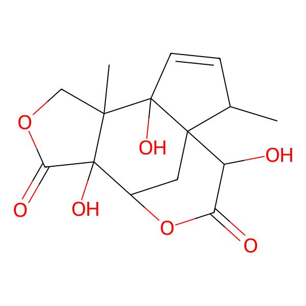 2D Structure of (1R,2S,5R,6S,10R,11S,14R)-5,10,14-trihydroxy-2,6-dimethyl-8,12-dioxatetracyclo[9.3.1.01,5.06,10]pentadec-3-ene-9,13-dione
