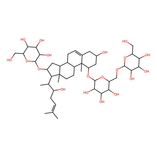 2D Structure of 2-(hydroxymethyl)-6-[[3,4,5-trihydroxy-6-[[3-hydroxy-17-(3-hydroxy-6-methylhept-5-en-2-yl)-10,13-dimethyl-16-[3,4,5-trihydroxy-6-(hydroxymethyl)oxan-2-yl]oxy-2,3,4,7,8,9,11,12,14,15,16,17-dodecahydro-1H-cyclopenta[a]phenanthren-1-yl]oxy]oxan-2-yl]methoxy]oxane-3,4,5-triol