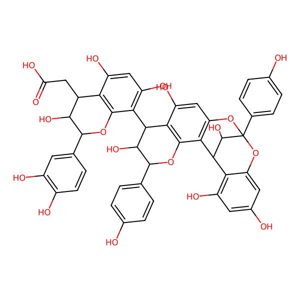 2D Structure of 2-[2-(3,4-dihydroxyphenyl)-3,5,7-trihydroxy-8-[6,9,17,19,21-pentahydroxy-5,13-bis(4-hydroxyphenyl)-4,12,14-trioxapentacyclo[11.7.1.02,11.03,8.015,20]henicosa-2(11),3(8),9,15,17,19-hexaen-7-yl]-3,4-dihydro-2H-chromen-4-yl]acetic acid